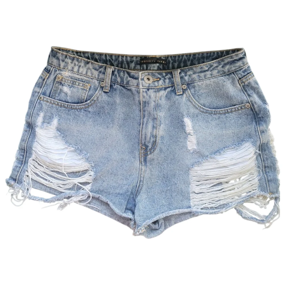 Brooklyn Karma High Rise Shorty Distressed Denim Shorts L Festival Cutoff